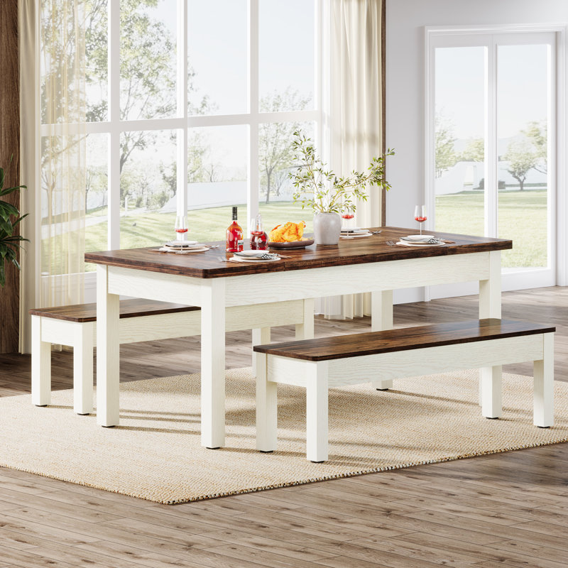 Ebern Designs 3 Piece Farmhouse Wood Dining Table Set With 2 Benches